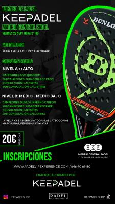 poster del torneo TORNEO KEEPADEL NOCTURNO VIERNES 29 DE SEPTIEMBRE & MADRID CENTRAL PADEL