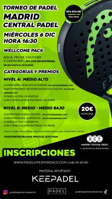poster del torneo TORNEO KEEPADEL MIERCOLES 6 DE DICIEMBRE & MADRID CENTRAL PADEL