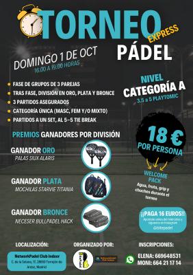 poster torneo TORNEO PADEL EXPRESS - BITEPADEL - NIVEL MEDIO-ALTO / 3.5 A 5 PLAYTOMIC