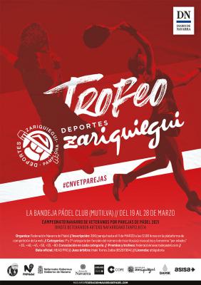 poster del torneo TROFEO DEPORTES ZARIQUIEGUI – CAMPEONATO NAVARRO DE VETERANOS POR PAREJAS DE PÁDEL 2021